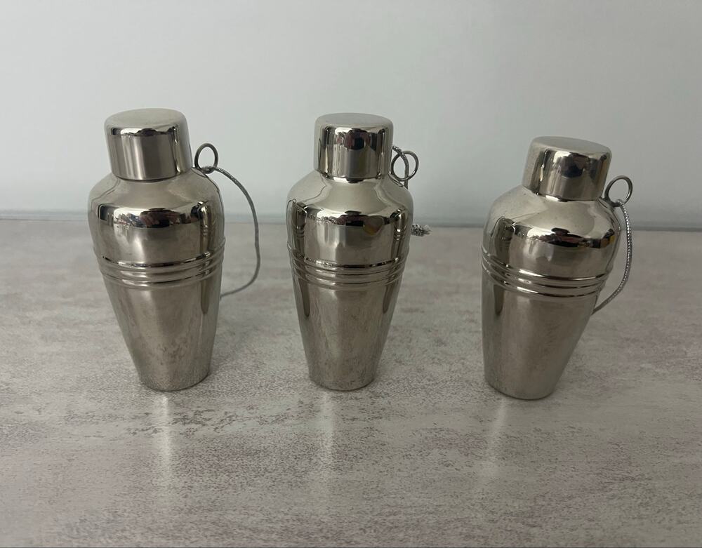 Crate & Barrel Mini Silver Stainless Steel Shaker Christmas Ornaments Set of 3